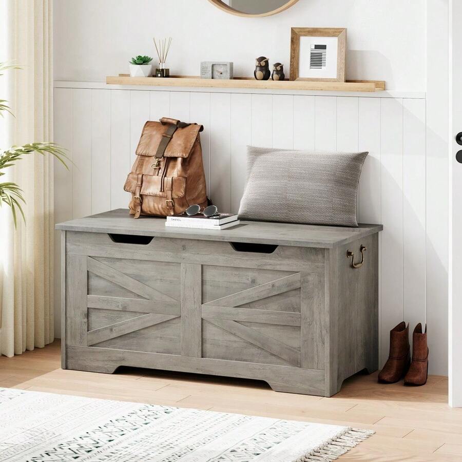 Banco de almacenamiento de madera versátil con tapa – bisagra de – estilo casa de campo – ideal para entrada, sala de estar, dormitorio – baúl multiusos – greige/blanco/marrón rústico - Gris Oscuro - Ver 1