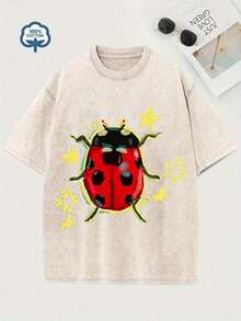 Washed Apricot Unisex Tee, Star & Ladybug Print, Vintage Distressed Style, Premium Fabric, Summer Graphic Top, Ideal For Daily Wear & Holiday Gifts - 杏色 - 查看 12