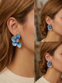 French Vintage Blue Enamel Flower Stud Earrings For Women 3D Gradient Floral Ear Studs Elegant Cottagecore Fairycore Jewelry Gift - Blue - View 4