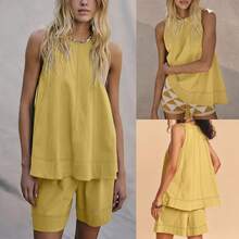 Women's 2pcs Sleeveless Matching Sets A Line Tank Tops Contrast Stitching High Waist Shorts With Pockets - 黃色 - 查看 2