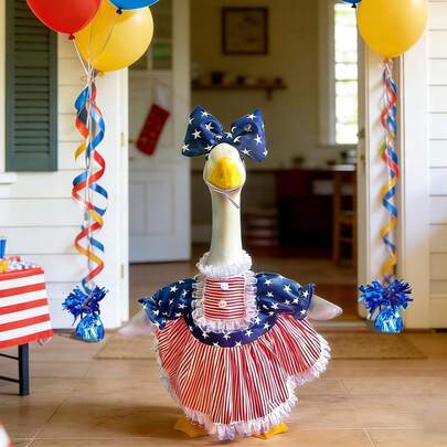 4th Of July Porch Goose Outfits Star Striped Dress Lace Trim With Bow Headband For 23'' Lawn Goose Patriotic Clothes Anniversary Memorial Day Geese Decor (Blue, One Size)