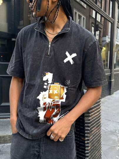 男士休闲复古水洗破洞拉链短袖T恤，夏季款