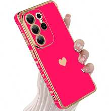 奢华电镀手机壳，兼容三星 Galaxy A57 A17 A37 A56 A36 A26 A16 A55 A25 A35 A15 A12 A13 A23 A24 A33 A34 A52 A53 A54 S26 Ultra S25 FE S24 S23 S22 S21 Plus S20，心形侧边图案设计 - 玫紅色 - 查看 2