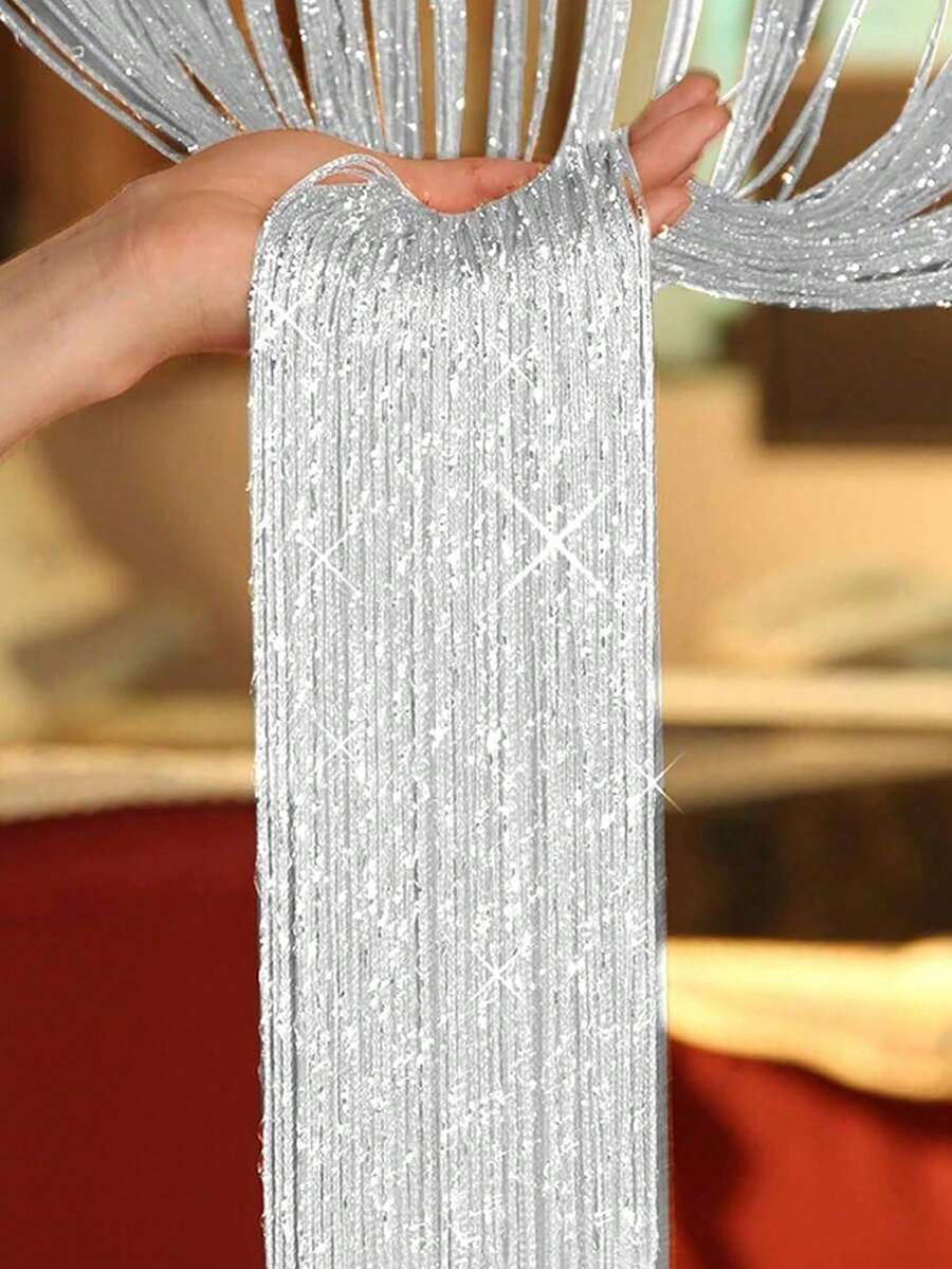 1pc 1*2m Luxurious Glittering Champagne Silk Door Curtains - Sparkling Wedding Tassel Ceiling Hanging Decorations With Linear Partition Design - Elegant Wedding Backdrop, Soft Draping, Room And Home Decor, Easy Installation - 1 件銀色 - 查看 1