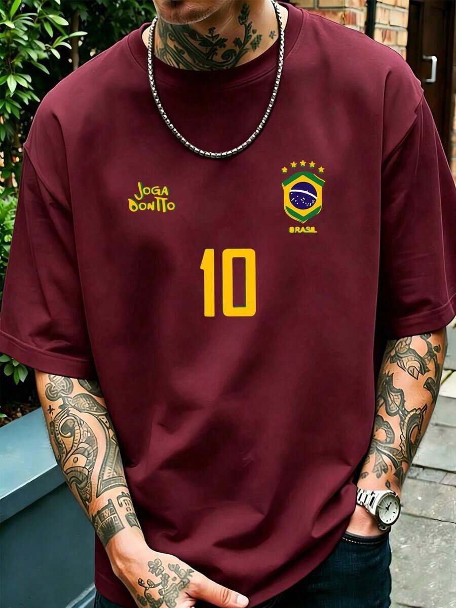 Camiseta Gráfica para Hombre, Camiseta Retro de Fútbol de Brasil - Legendario Número 10, Ropa Casual para Fanáticos del Fútbol, Camiseta de Fútbol, 100% Poliéster, Tejido de Malla Transpirable, Corte Regular, Cuello Redondo - Rojo oscuro - Ver 1