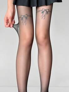 1 Pair Plus Size Women's Ultra-Thin Pantyhose With Lace Bow Print. Ultra-Thin And Breathable, Stylish And Versatile. Ideal Tights For Parties And Nightlife, Perfect For Daily Wear, Shopping, Dating And Casual Outfits. - Black - View 2