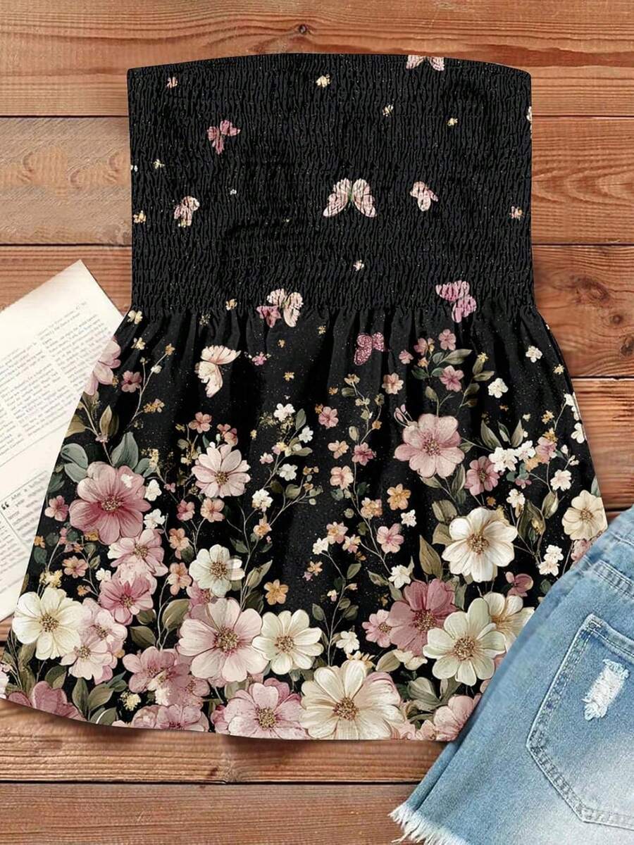 Women's Smocked Ruffle Tube Tops Floral Print Strapless Bandeau Tops Flowy Hem Shirts - Negro - Ver 1