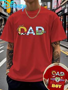 Authorized By Disney, This Men's Summer Casual Short Sleeved Pure Cotton T-Shirt Features The "DAD" Print With The Theme Of "Toy Story". It Is A Breathable And Fitted Fit For Outdoor Sports And Home Leisure, A Machine Washable Round Neck Shirt, Comfortable Fabric, Fashionable Design, Durable Materials, And A Vibrant Lifestyle - Red - View 1