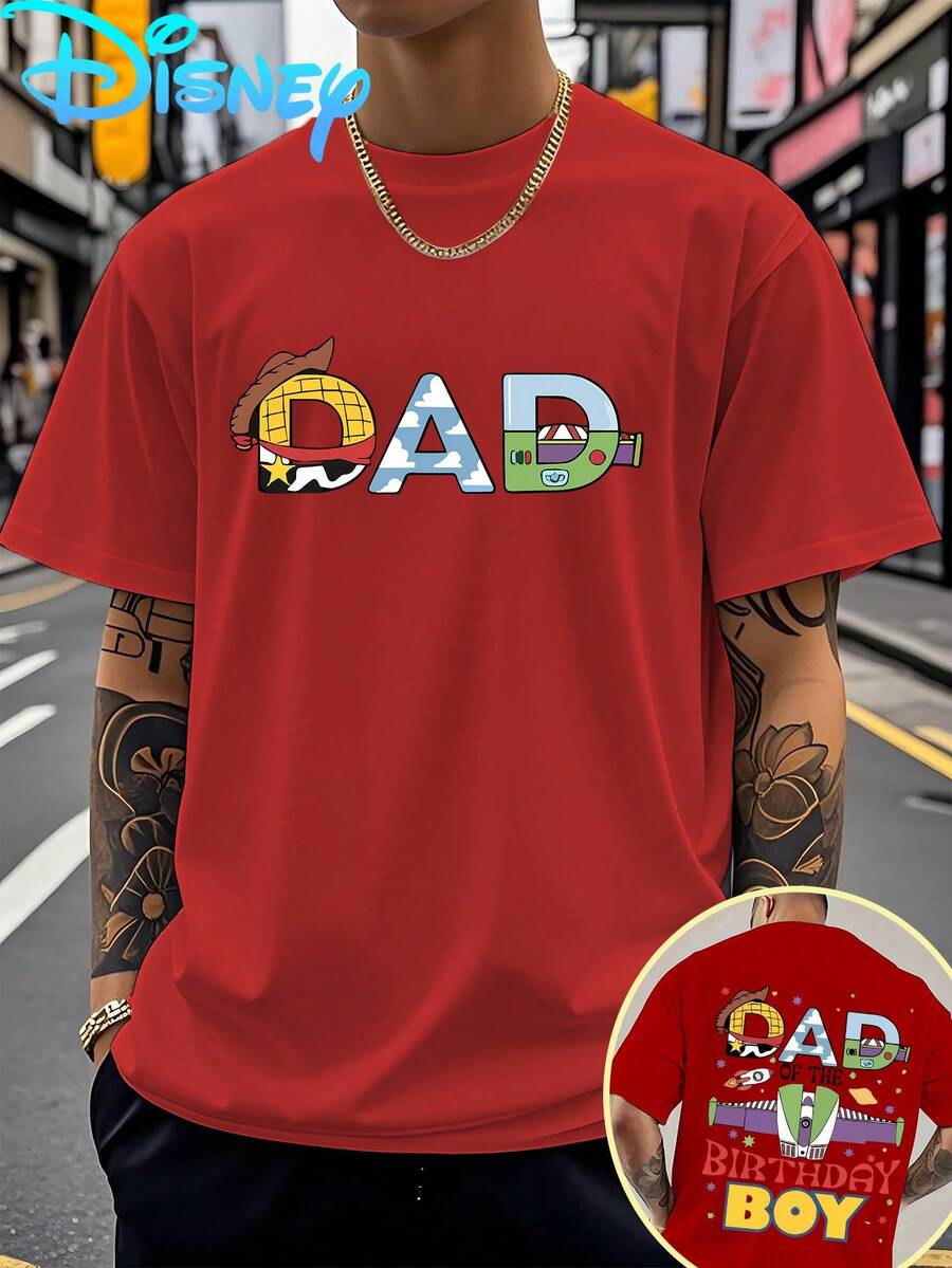 Authorized By Disney, This Men's Summer Casual Short Sleeved Pure Cotton T-Shirt Features The "DAD" Print With The Theme Of "Toy Story". It Is A Breathable And Fitted Fit For Outdoor Sports And Home Leisure, A Machine Washable Round Neck Shirt, Comfortable Fabric, Fashionable Design, Durable Materials, And A Vibrant Lifestyle - Red - View 1