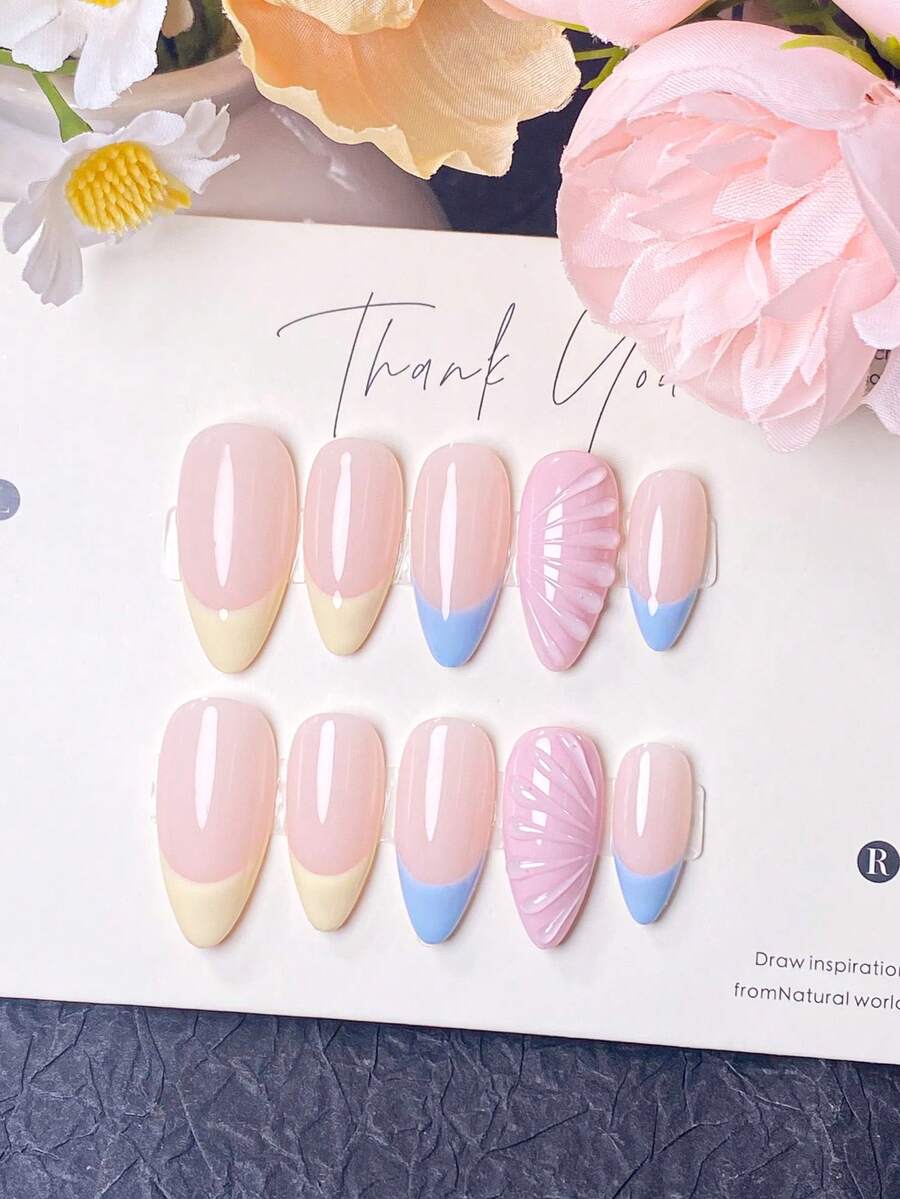 10pcs Handmade Nail Stickers, False Nails, Short Summer Nail Stickers, Acrylic Nail Stickers, Nail Sticker Set, Nail Art Supplies, Y2K Style, Nude, Pink, Yellow, Blue, Cream Yellow And Light Blue French Manicure, With 3D Shell/Wing Texture Decorations. Sweet And Fresh Style, Suitable For Ladies' Daily Commute, Summer Outings And Dates. - Multicolor - View 1