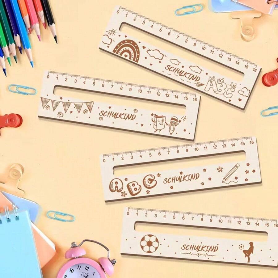 4pcs Wooden Ruler, 2 Styles With 4 Different Patterns, Handmade Reading Aid Tools, Back To School Gift, Perfect School Supplies - Rectangle - View 1