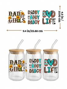 4 件装游戏老爸西部风情 UV DTF 贴膜（9.4x4.3 英寸），最佳老爸豹纹美国国旗图案，狗狗老爸/女儿爸爸/超级爸爸贴纸（适用于 16 盎司 Libbey 玻璃杯） - DAD 04 - 查看 3
