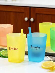 4pcs/Set Customized Plastic Water Cups With Built-In Straws, 12.17oz Portable Drinking Cups, Random Colors, Personalized Tumblers For Parties And Family Gatherings - Multicolor - View 22