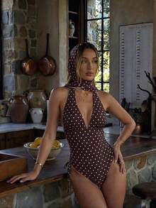 Traje de baño de una pieza elegante y sexy para mujer, color marrón con lunares redondos, escote en V y cordón ajustable, traje de baño de moda para verano, casual, playa, vacaciones y fiestas - Morado - Ver 4
