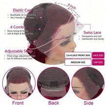 Uveous Pelucas de cabello humano con frente de encaje borgoña de 28 pulgadas y densidad del 180 % 99J, 13 x 4 HD, transparente, con ondas corporales, prearrancado, 99J, color vino tinto burdeos, sin pegamento, para mujeres - S99J - Ver 9