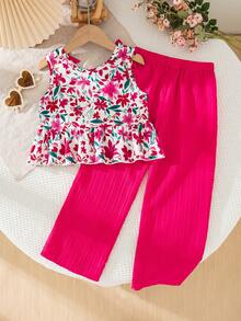 2pcs Girls Casual Bow Decor Random Print Sleeveless Top And Pants Set, Summer - Hot Pink - View 2