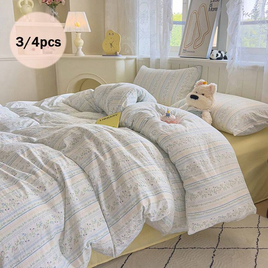3/4件套床上用品,柔软碎花被套套装,韩式少女风床上用品套装,适用于双人床/单人床,透气柔软的法式田园风床上用品,可机洗,四季皆宜,包含1件被套(不含填充物)、1件床单、1/2件枕套(不含填充物) - 初夏 - 查看 1