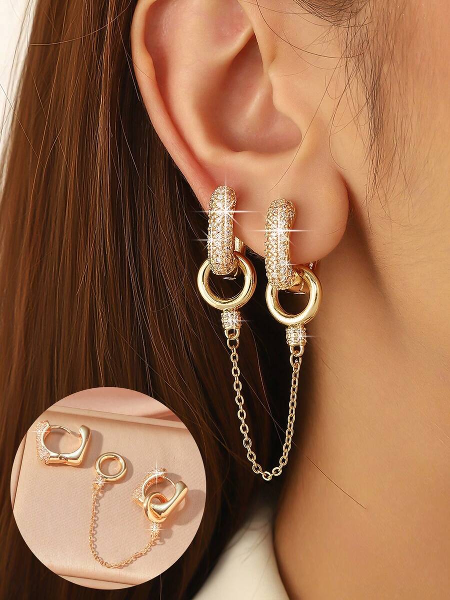 1 Set Women's Gold & Silver Double Hoop Earrings, Fully Paved Rhinestone Detachable Earring Pendant, Fashionable Jewelry Gift, Niche Design, Unique Accessory, Versatile Daily Wear - Multicolor - View 1