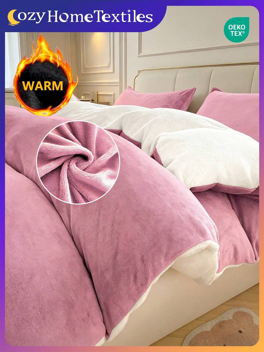 Conjunto de capa de edredom de lã (2/3 peças), conjunto de cama confortável, capa de edredom dupla face, capa de edredom macia e agradável ao toque, conjunto de cama rosa liso, roupa de cama macia e aconchegante para quarto e quarto de hóspedes, disponível em vários tamanhos, certificado Oeko-Tex. - Rosa - Ver 1