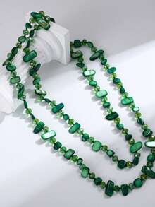 1 pièce Collier long à double couche de style bohème rétro pour femmes, avec perles de coquillage colorées. Collier de luxe vintage, idéal pour les vacances, les plages, les voyages, la décoration quotidienne, les tenues, les sorties, les fêtes, les cadeaux. Les couleurs et les formes des pierres précieuses et des perles sont aléatoires. - Vert pur - Voir 3