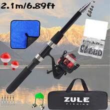 2.1m Fishing Rod And Reel Combo Set, Includes Fishing Reel With Line, Fishing Towel, Fishing Hooks And Other Fishing Accessories, Ready-To-Fish Kit Suitable For Travel And Outdoor Adventure - Black - View 2