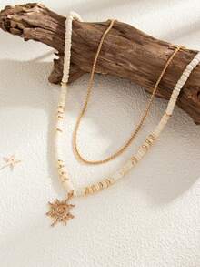 1pc Summer Limited Bohemian Style Double-Layer Necklace Set, Beige Natural Coconut Shell Beaded Sun Pendant Choker, Retro Beach Resort Versatile Accessory, Gift For Girlfriend - Coconut Shell Beaded Necklace - View 3
