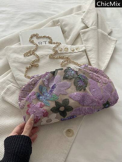 Nouveau sac à bandoulière élégant à fleurs brodées et paillettes à la mode, style décontracté et populaire pour les vacances avec chaîne dorée plissée. Convient pour le shopping, les portefeuilles, les jeunes femmes, les étudiantes, les nouveaux arrivants et les cols blancs. Très adapté pour les bureaux, les universités, le travail, les affaires, les déplacements, les activités de plein air, les voyages et les sorties