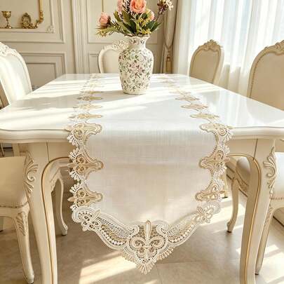 HXARTMIS 1pc Vintage Coffee/Green Hollow Embroidered Edged Table Runner, Embroidered Lace-Trim Table Runner With Linen-Like Texture, Suitable For Weddings, Parties, Home Decor, And Holiday Themes Like Mother's Day, Valentine's Day, Father's Day