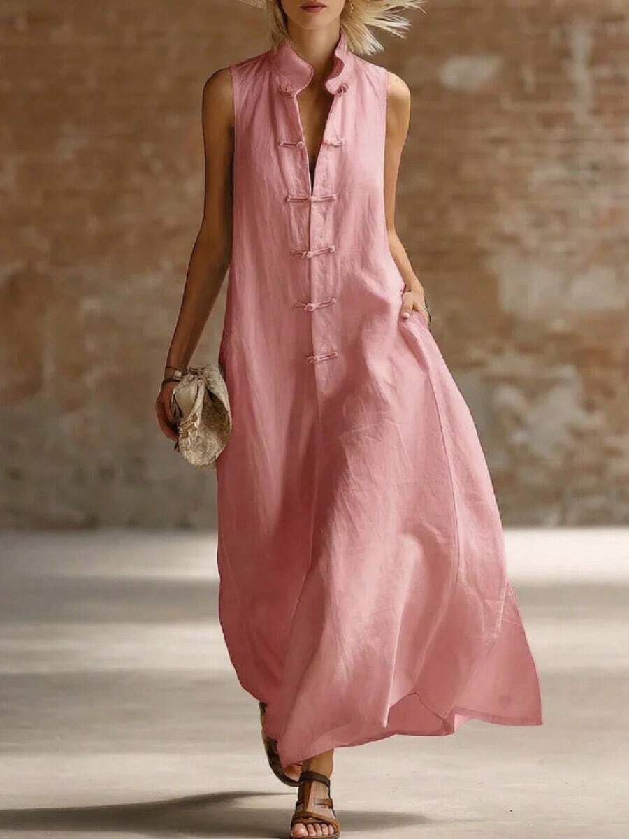 2026 New European And American Fashion Stand Collar Frog Button Loose Linen Cotton Long Dress - Pink - View 1