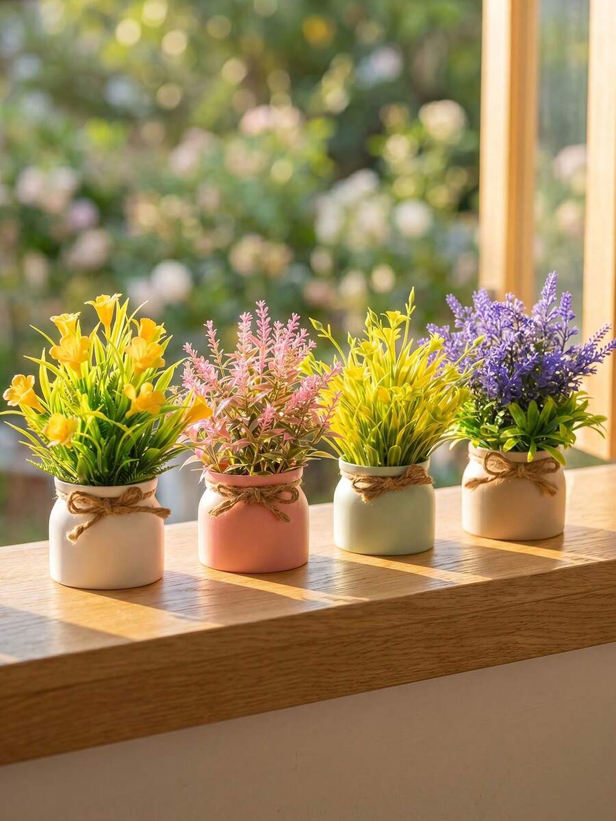 小型仿真花盆,小型假植物盆栽,迷你仿真植物带盆,微型盆栽,适合家居办公室桌面装饰,也适用于户外空间、客厅、卧室、阳台、桌面、书架等家居装饰,以及摄影和其他装饰,易于维护,无需浇水 - 彩色 - 查看 1