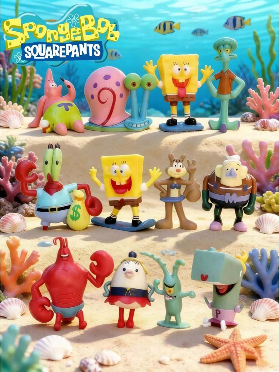 SpongeBob SquarePants 12件套比基尼海滩居民角色手办，可爱卡通风格，包含他和他的朋友们，适合作为生日礼物、家居装饰、汽车装饰、派对装饰、蛋糕装饰，随机发货 - A - 查看 1