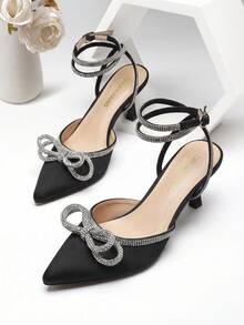 Women's Rhinestone Bow Ankle Strap Pumps Stiletto Kitten Heels Pointed Closed Toe Heels Fashionable Wedding Bridal Party Prom Dress Shoes - 黑色 - 查看 2