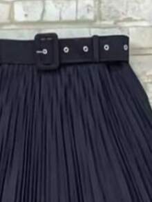 Long Pleated Skirt With Buckle Belt, Women's Fashion. - 黑色 - 查看 4