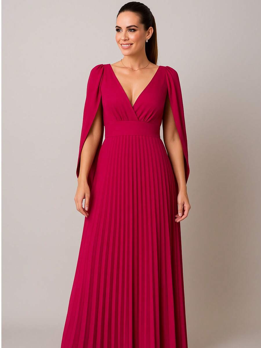 Long Pleated V-Neck Dress, Perfect For Bridesmaids, Weddings, Graduations, And Parties - 粉紅色的. - 查看 1
