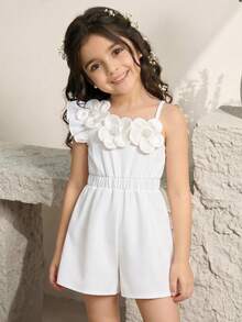 Young Girl's Solid Color Beaded 3D Floral Decor White Sleeveless Jumpsuit, Suitable For Daily Play, Weekend Outings, Party Occasions - White - View 6