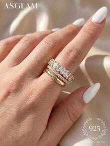 3pcs Zirconia Ring Set, 925 Sterling Silver Single Ring, Delicate Jewelry, Suitable For Girls Birthday, Prom Party Gift - Style 1 - View 2