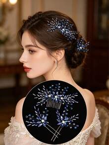 Conjunto de Pente e Grampo de Cabelo de Cristal Água-Marinha, Acessórios de Cabelo de Casamento Elegantes com Strass Adequados para Noivas e Madrinhas, Acessórios de Cabelo Vintage Azul Safira Adequados para Baile de Formatura, Festa, Banquete Noturno e Ocasiões Formais - Multicolorido - Visão 1