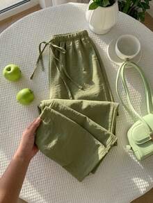 Olive Green Elastic Waist Drawstring Casual Pants, Women's Lightweight Breathable Loose Fit Flowy Wide Leg Trousers For Summer - Army Green - View 7