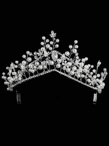 1PC Handmade Royal Style Cluster Faux Pearl Tiara, Elegant Silver Leaf & Rhinestone Wedding Crown, 3.54 Inch High Puffy Headband With Hair Combs For Brides & Prom,Handmade Floral Bridal Tiara With Faux Pearls & Rhinestones, Elegant White Flower Wedding Hair Comb, Romantic Hair Accessories For Brides And Bridesmaids,Festival,Birthday - Silver - View 15