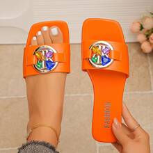 Luxury Flat Sandals With Colorful Gemstone Buckle, Suitable For Beach Vacation, Summer Holiday, Wedding & Date - Orange - View 4