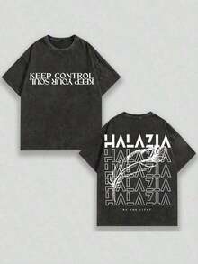 Ropa de hombre; Camisetas de Verano, Camiseta de Algodón con Estampado Gráfico, Camiseta Vintage, Camiseta de Algodón Lavada, Camiseta HALAZIA con Tipografía en Capas, Textura Oscura, Diseño - Negro - Ver 6