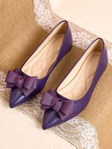 Pointed Toe Low Vamp Bow Flat Shoes, Delicate Satin Texture With Soft And High-End Feel, Versatile Shoes. - Purple - View 9