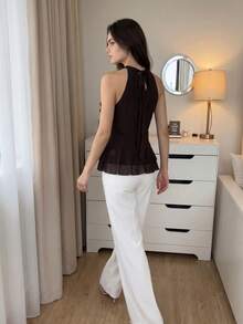 Damen Einfarbiges Rüschen-Kragen Mehrschichtiges Sommer-Trägershirt - Kaffeebraun - Übersicht 3