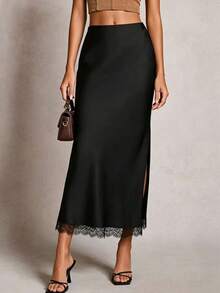 Elegant Black Satin Lace High Slit Skirt, High Waist Slimming Sexy Date Night Outfit Spring - Black - View 1