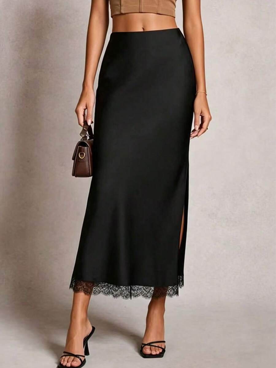 Elegant Black Satin Lace High Slit Skirt, High Waist Slimming Sexy Date Night Outfit Spring - Black - View 1