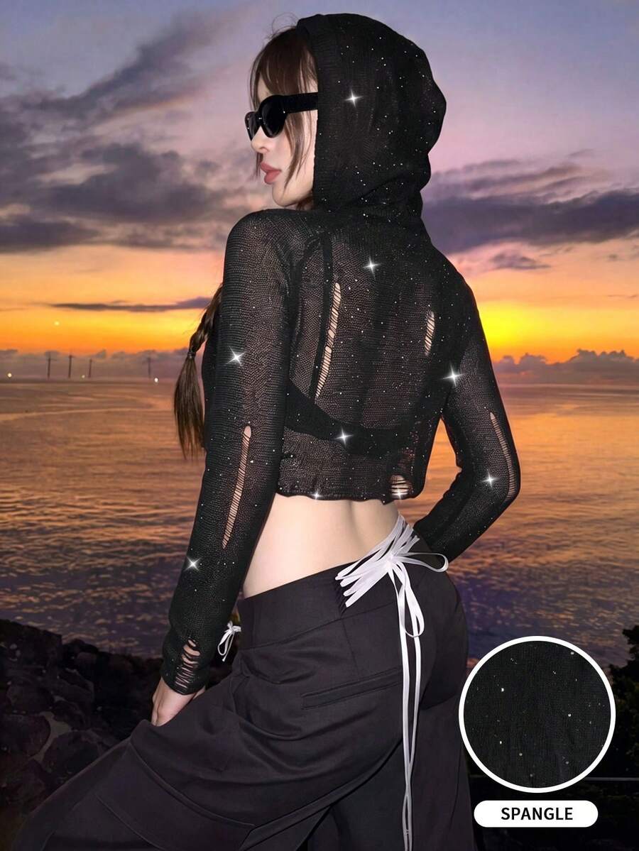 2026夏季性感破洞亮片短款连帽衫，甜美又性感的Y2K街头风透视长袖针织罩衫 - 黑色 - 查看 1