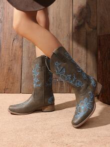 Women's Western Cowboy Boots Square Toe Embroidered  1.37-Inch Low Chunky For Country Music Festivals Theme Party And Concert Mid-Calf Boots - Màu nâu Sô-cô-la - Xem 1