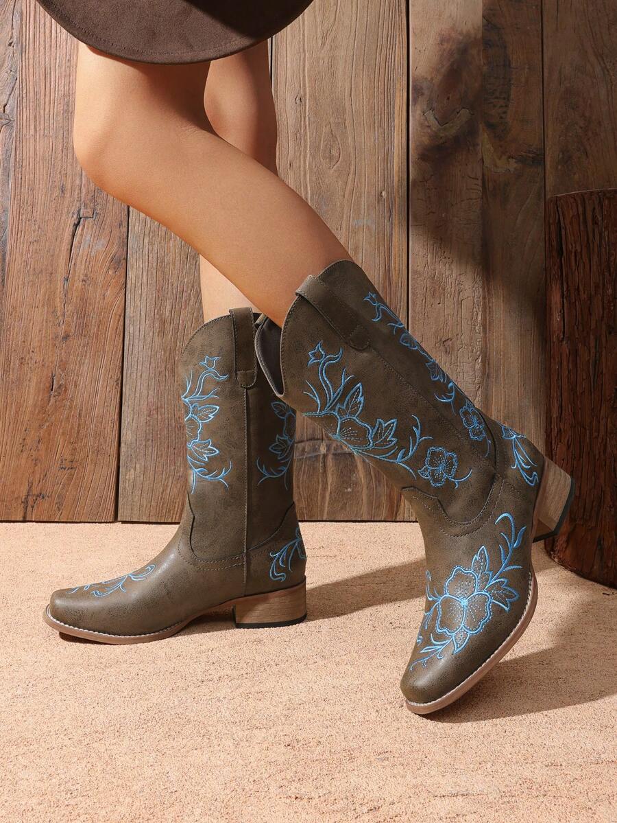 Women's Western Cowboy Boots Square Toe Embroidered 1.37-Inch Low Chunky For Country Music Festivals Theme Party And Concert Mid-Calf Boots - Màu nâu Sô-cô-la - Xem 1