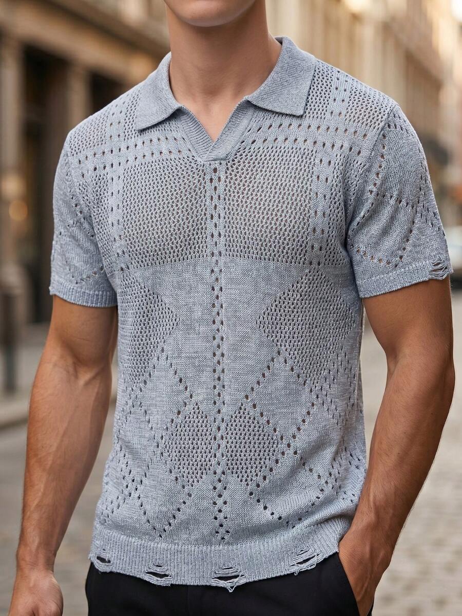 LOOKUN Men's Neutral Diamond Mesh Semi-Sheer Loose Comfortable Casual Vacation Commute Polo Collar Half-Placket Short Sleeve Knit Top, Light Blue Sweater - Baby Blue - View 1