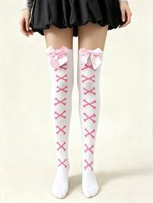 1件蝴蝶结Y2K洛丽塔过膝袜日系JK甜美大腿袜 - 彩色 - 查看 4